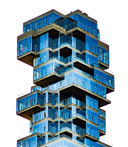 Modern architectural building with blue glass facades representing dream house